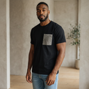 Heritage Oshima Ed. 02 Kimono Pocket T-Shirt with a pocket of vintage Oshima tsumugi silk, with a soft fan motif on rich dark brown, view 3