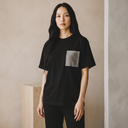 Heritage Oshima Ed. 02 Kimono Pocket T-Shirt with a pocket of vintage Oshima tsumugi silk, with a soft fan motif on rich dark brown, view 4