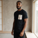 Crafted Silence Kimono Pocket T-Shirt with a pocket of vintage kimono silk, with noshi celebration ribbons of tiny blossoms, view 4