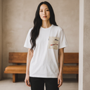 Crafted Silence Kimono Pocket T-Shirt with a pocket of vintage kimono silk, with noshi celebration ribbons of tiny blossoms, view 3