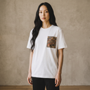 Tokyo Bloom Kimono Pocket T-Shirt with a pocket of vintage kimono silk, with a red and teal karakusa scrolling vine, view 3