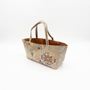 Modern Heritage obi handbag made from a vintage Japanese obi, with a great folding fan in gold and dusty rose, view 6