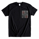 Oshima Flow Ed. 01 Kimono Pocket T-Shirt with a pocket of vintage Oshima tsumugi silk, with red blossoms in a black and white lattice, view 2