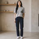 Kyoto Mood Kimono Pocket T-Shirt with a pocket of vintage kimono silk, with a charcoal kanoko fawn-spot pattern, view 5