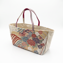 Upcycled Charm obi handbag made from a vintage Japanese obi, with red, blue and ivory peonies swept in gold
