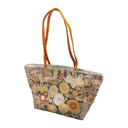Amber Chrysanthemum obi bag made from a vintage Japanese obi, with gold, white and orange chrysanthemums and leaves on russet and charcoal