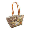 Amber Chrysanthemum obi bag made from a vintage Japanese obi, with gold, white and orange chrysanthemums and leaves on russet and charcoal, view 2
