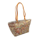 Amber Chrysanthemum obi bag made from a vintage Japanese obi, with gold, white and orange chrysanthemums and leaves on russet and charcoal, view 4