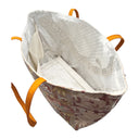 Amber Chrysanthemum obi bag made from a vintage Japanese obi, with gold, white and orange chrysanthemums and leaves on russet and charcoal, view 5