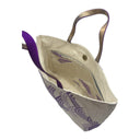 Amethyst Waves obi bag made from a vintage Japanese obi, with layered purple wave arcs over silver seigaiha panels, view 5