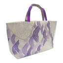 Amethyst Waves obi bag made from a vintage Japanese obi, with layered purple wave arcs over silver seigaiha panels, view 2