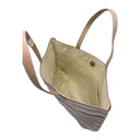 Berry Stripes obi bag made from a vintage Japanese obi, with vertical stripes of berry red and blue grey on cream, view 5