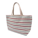 Berry Stripes obi bag made from a vintage Japanese obi, with vertical stripes of berry red and blue grey on cream