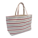 Berry Stripes obi bag made from a vintage Japanese obi, with vertical stripes of berry red and blue grey on cream, view 2