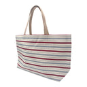 Berry Stripes obi bag made from a vintage Japanese obi, with vertical stripes of berry red and blue grey on cream, view 3
