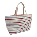 Berry Stripes obi bag made from a vintage Japanese obi, with vertical stripes of berry red and blue grey on cream, view 4