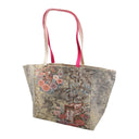 Chrysanthemum Stream obi bag made from a vintage Japanese obi, with pink chrysanthemums and red curtained pavilions beside a winding stream on cream