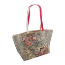 Chrysanthemum Stream obi bag made from a vintage Japanese obi, with pink chrysanthemums and red curtained pavilions beside a winding stream on cream, view 2