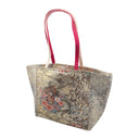 Chrysanthemum Stream obi bag made from a vintage Japanese obi, with pink chrysanthemums and red curtained pavilions beside a winding stream on cream, view 3