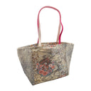 Chrysanthemum Stream obi bag made from a vintage Japanese obi, with pink chrysanthemums and red curtained pavilions beside a winding stream on cream, view 4