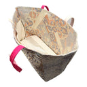 Chrysanthemum Stream obi bag made from a vintage Japanese obi, with pink chrysanthemums and red curtained pavilions beside a winding stream on cream, view 5