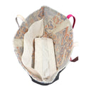 Chrysanthemum Stream obi bag made from a vintage Japanese obi, with pink chrysanthemums and red curtained pavilions beside a winding stream on cream, view 6