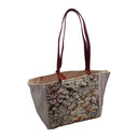 Cocoa Blossom obi bag made from a vintage Japanese obi, with dense silver, gold and blue blossoms on chocolate brown, view 2