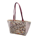 Cocoa Blossom obi bag made from a vintage Japanese obi, with dense silver, gold and blue blossoms on chocolate brown