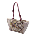 Cocoa Blossom obi bag made from a vintage Japanese obi, with dense silver, gold and blue blossoms on chocolate brown, view 3
