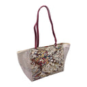 Cocoa Blossom obi bag made from a vintage Japanese obi, with dense silver, gold and blue blossoms on chocolate brown, view 4