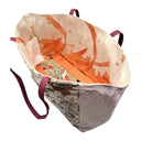 Cocoa Blossom obi bag made from a vintage Japanese obi, with dense silver, gold and blue blossoms on chocolate brown, view 5