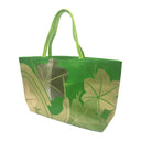 Emerald Ivy obi bag made from a vintage Japanese obi, with large gold and silver ivy leaves and curving vines on emerald green, view 3