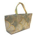 Gilded Seigaiha obi bag made from a vintage Japanese obi, with overlapping gold and grey green seigaiha arches, view 2