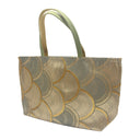 Gilded Seigaiha obi bag made from a vintage Japanese obi, with overlapping gold and grey green seigaiha arches, view 3