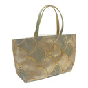 Gilded Seigaiha obi bag made from a vintage Japanese obi, with overlapping gold and grey green seigaiha arches, view 4