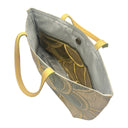 Gilded Seigaiha obi bag made from a vintage Japanese obi, with overlapping gold and grey green seigaiha arches, view 5