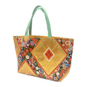Golden Hishi obi bag made from a vintage Japanese obi, with large gold diamonds and bands of colorful flowers and small phoenixes