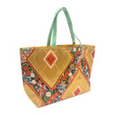 Golden Hishi obi bag made from a vintage Japanese obi, with large gold diamonds and bands of colorful flowers and small phoenixes, view 4