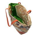 Golden Kikko obi bag made from a vintage Japanese obi, with cranes, pines and chrysanthemums over golden hexagons, view 5
