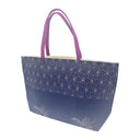 Indigo Asanoha obi bag made from a vintage Japanese obi, with a pink asanoha hemp leaf band and small flower sprays on indigo