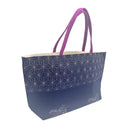 Indigo Asanoha obi bag made from a vintage Japanese obi, with a pink asanoha hemp leaf band and small flower sprays on indigo, view 2