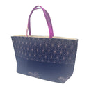 Indigo Asanoha obi bag made from a vintage Japanese obi, with a pink asanoha hemp leaf band and small flower sprays on indigo, view 3