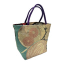 Jade Medallion obi bag made from a vintage Japanese obi, with gold chrysanthemums and coral roundels on teal and black, view 4