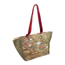 Lattice Garden obi bag made from a vintage Japanese obi, with peonies, chrysanthemums and pines beside a gold woven lattice on olive, view 2