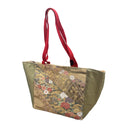 Lattice Garden obi bag made from a vintage Japanese obi, with peonies, chrysanthemums and pines beside a gold woven lattice on olive, view 3