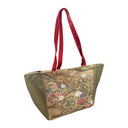 Lattice Garden obi bag made from a vintage Japanese obi, with peonies, chrysanthemums and pines beside a gold woven lattice on olive, view 4