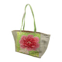 Lime Peony obi bag made from a vintage Japanese obi, with a large pink peony among lime green maple leaves