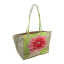Lime Peony obi bag made from a vintage Japanese obi, with a large pink peony among lime green maple leaves, view 2