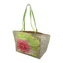 Lime Peony obi bag made from a vintage Japanese obi, with a large pink peony among lime green maple leaves, view 3