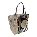 Midnight Wisteria obi bag made from a vintage Japanese obi, with hanging wisteria and large gold-outlined blossoms on black, view 4